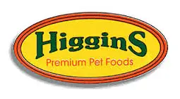 A yellow and red logo for higgins pet foods.