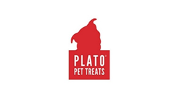 A red logo with the words plato pet treats.
